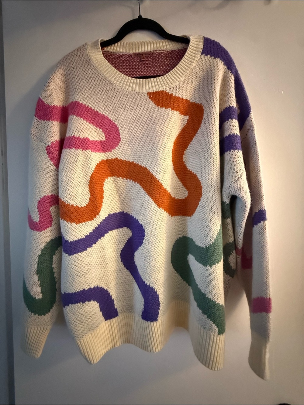 Cream Abstract Multi-Color Wave Knit Sweater